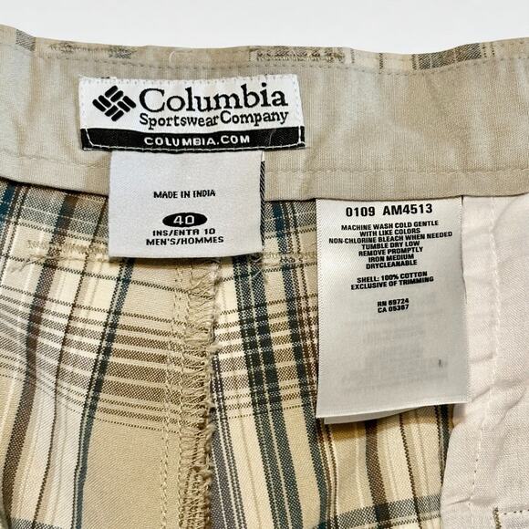Vintage Columbia Chino Shorts Size 40 Brown Tan Blue Plaid Cotton 10" Inseam - Picture 4 of 8